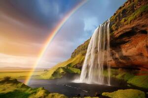 ai genererad skön Seljalandsfoss vattenfall med regnbåge. generera ai foto