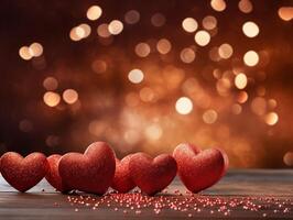 ai genererad skön abstrakt bakgrund med hjärtan, lampor, pärlar och bokeh. hjärtans dag kort. hjärta formad bokeh valentines bakgrund foto