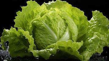 ai genererad närbild av färsk grön sallad stänkte med vatten på en suddigt svart bakgrund, ai genererad foto