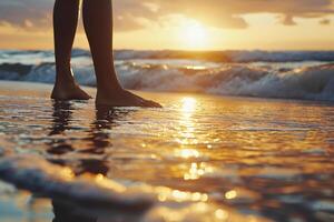 ai genererad stående på de strandlinje under solnedgång foto