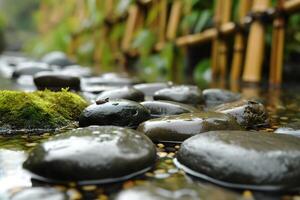 ai genererad lugn i stenar en zen trädgård med mossiga bambu och regndroppar foto