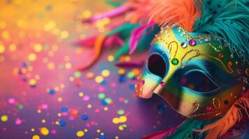 ai genererad mardi gras bakgrund med kopia Plats. ljus baner med färgrik mask, konfetti, fjädrar. karneval. purim. foto