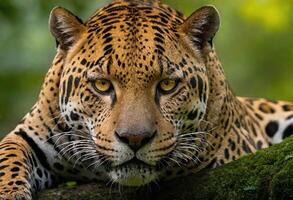 ai genererad en majestätisk jaguar i dess naturlig livsmiljö foto