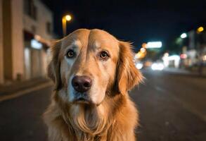 ai genererad en gyllene retriever stående på en gata på natt foto