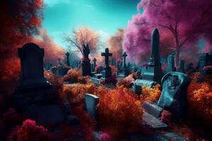 ai genererad färgrik fantasi kyrkogård. generera ai foto