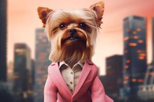 ai genererad charmig yorkie sällskapsdjur i rosa elegant kostym. generera ai foto