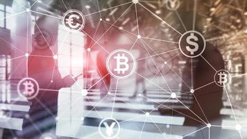 dubbel exponering bitcoin och blockchain koncept. digital ekonomi och valutahandel