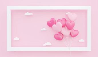 alla hjärtans dag, 3d-illustration av rosa hjärtformade ballongbukett som flyter in i ram med pappersmoln foto