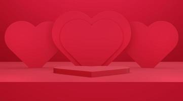3D hjärtformad podium med rött tomt studiorum och hjärtvägg, produktbakgrund, mallmockup för visning