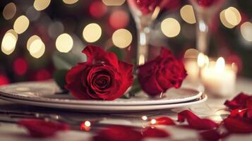ai genererad romantisk tabell miljö för röd ro och levande ljus för valentines middag. foto