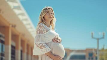 ai genererad charmig gravid kvinna blond hår foto