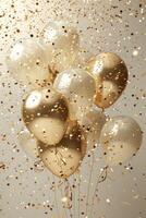 ai genererad guld ballonger 2025 med konfetti, guld speglad ballong fest foto