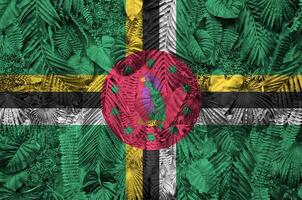 dominica flagga avbildad på många leafs av monstera handflatan träd. trendig modern bakgrund foto