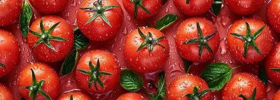 ai genererad frodig röd tomat med färsk grön löv, vibrerande topp se, perfekt för kulinariska använda sig av, nyligen plockade med blänkande vatten droppar, färsk tomat bakgrund foto