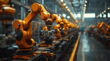 ai genererad Avancerad robot hopsättning rader i en omfattande industriell fabrik, upplyst förbi de värma glöd av eftermiddag ljus, visa upp de framtida av industriell automatisering foto