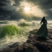ai genererad kvinna stående på kust av storm hav foto