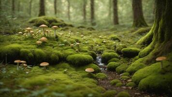 ai genererad en mossiga jord med mycket liten svamp i de skog bakgrund. foto