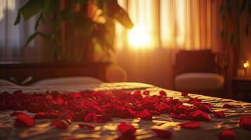 ai genererad romantisk solnedgång atmosfär med reste sig på säng foto