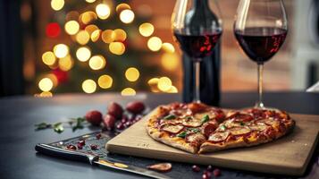 ai genererad pizza och vin på bokeh bakgrund. Hem kokta valentines dag middag. foto