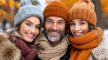 ai genererad grupp av tre människor bär vinter- hattar och halsdukar utomhus foto