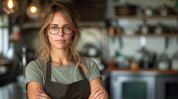 ai genererad kvinna med glasögon i kök foto