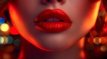 ai genererad närbild av kvinnors röd mun på natt med suddig lampor foto