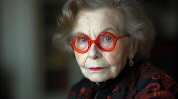 ai genererad äldre kvinna med vibrerande röd glasögon porträtt foto