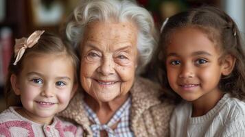 ai genererad äldre kvinna leende med två ung flickor inomhus foto