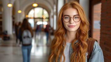 ai genererad rödhårig ung kvinna i glasögon inuti hall foto