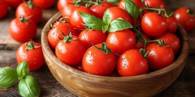 ai genererad trä- skål fylld med riklig röd tomater foto
