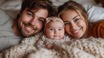 ai genererad Lycklig ung familj med söt bebis liggande ner tillsammans inomhus foto