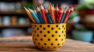 ai genererad färgrik pennor i en gul polka punkt kopp på trä- skrivbord foto