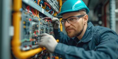 ai genererad man i hård hatt arbetssätt på elektrisk panel foto