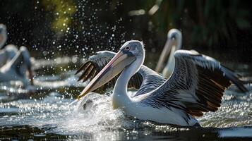 ai genererad pelikan fåglar jakt en fisk på en damm är en fascinerande och dynamisk scen foto