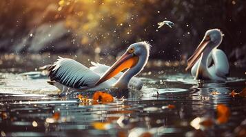 ai genererad pelikan fåglar jakt en fisk på en damm är en fascinerande och dynamisk scen foto