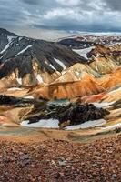 landskapsvy av färgglada regnbågs vulkaniska landmannalaugar berg och berömda Laugavegur vandringsled, med dramatisk himmel och snö på Island, sommar foto