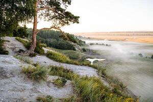 berg se av dimma i de tidigt morgon, natur av Ryssland, dimma Nedan, resa i natur, sommar landskap, skog och bergen foto