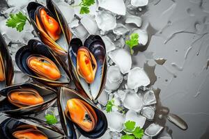 ai genererad is kyld musslor med persilja garnering foto