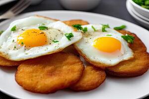 ai genererad friterad ägg stänga upp på en vit tallrik med örter på tabell. traditionell utsökt frukost. ai genererad foto