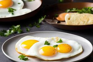 ai genererad friterad ägg stänga upp på en vit tallrik med örter på tabell. traditionell utsökt frukost. ai genererad foto