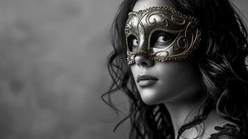 ai genererad en ung skön latin amerikan kvinna i en karneval mask. ny år högtider, karneval, födelsedag, Venedig. fotorealistisk, svartvit, bakgrund med bokeh effekt. ai genererad. foto