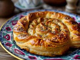 ai genererad orientalisk maträtt, orientalisk kök. traditionell turkiska bakverk insvept i phyllo. turkiska namn gul boregi eller gul borek. mat illustration. fotorealistisk, bakgrund med bokeh effekt. foto