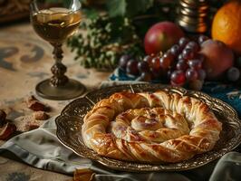 ai genererad orientalisk maträtt, orientalisk kök. traditionell turkiska bakverk insvept i phyllo. turkiska namn gul boregi eller gul borek. mat illustration. fotorealistisk, bakgrund med bokeh effekt. foto