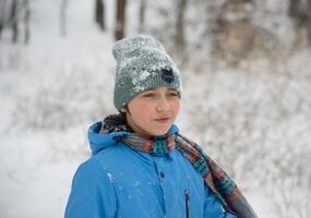 en pojke i en snöig parkera. Foto av en tonåring i en vinter- skog. vinter, vinter- högtider, semester, semestrar.