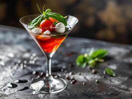 ai genererad alkoholhaltig dryck caprese Martini i en skön glas. caesar cocktail, tomater, basilika, vodka, ost. fotorealistisk, bakgrund med bokeh effekt. ai genererad. foto