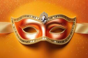 ai genererad persika ludd ljus karneval öga mask på ljus gyllene bakgrund. foto