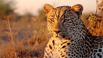 ai genererad bilder av vilda djur och växter. leopard lögner i de gräs. foto