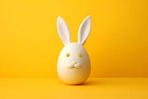 ai genererad påsk ägg med kanin öron på gul bakgrund. foto