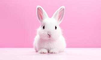 ai genererad söt fluffig vit kanin på en rosa bakgrund. genererad förbi artificiell intelligens. foto