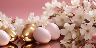 ai genererad gyllene och vit ägg med vit blommor på en rosa bakgrund. genererad förbi artificiell intelligens foto